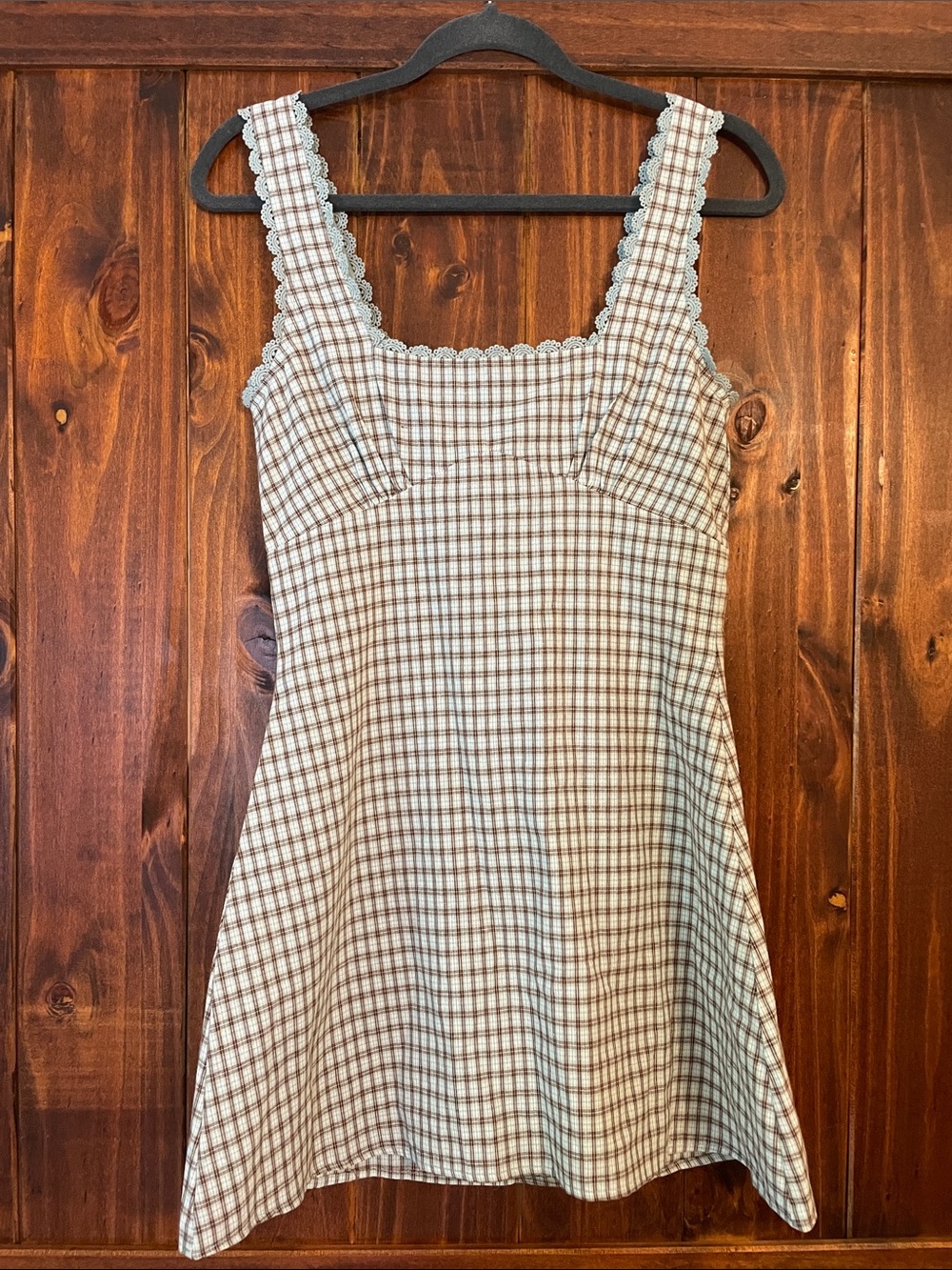 Princess Polly NWT Dasha Mini Dress  Blue and Brown Check Lace Detail Sz4